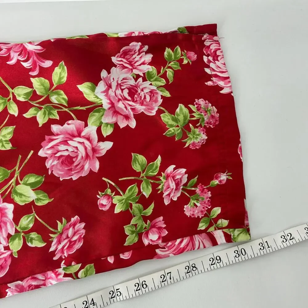 PINK Red Pink Roses Floral Print Satin Silky Long Sleeve Pants Pajama Set